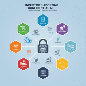 Infographic illustrating industries such as healthcare, finance, government, retail, telecom, manufacturing, energy, education, and logistics benefiting from Confidential AI adoption, with icons for data security, AI, and compliance.