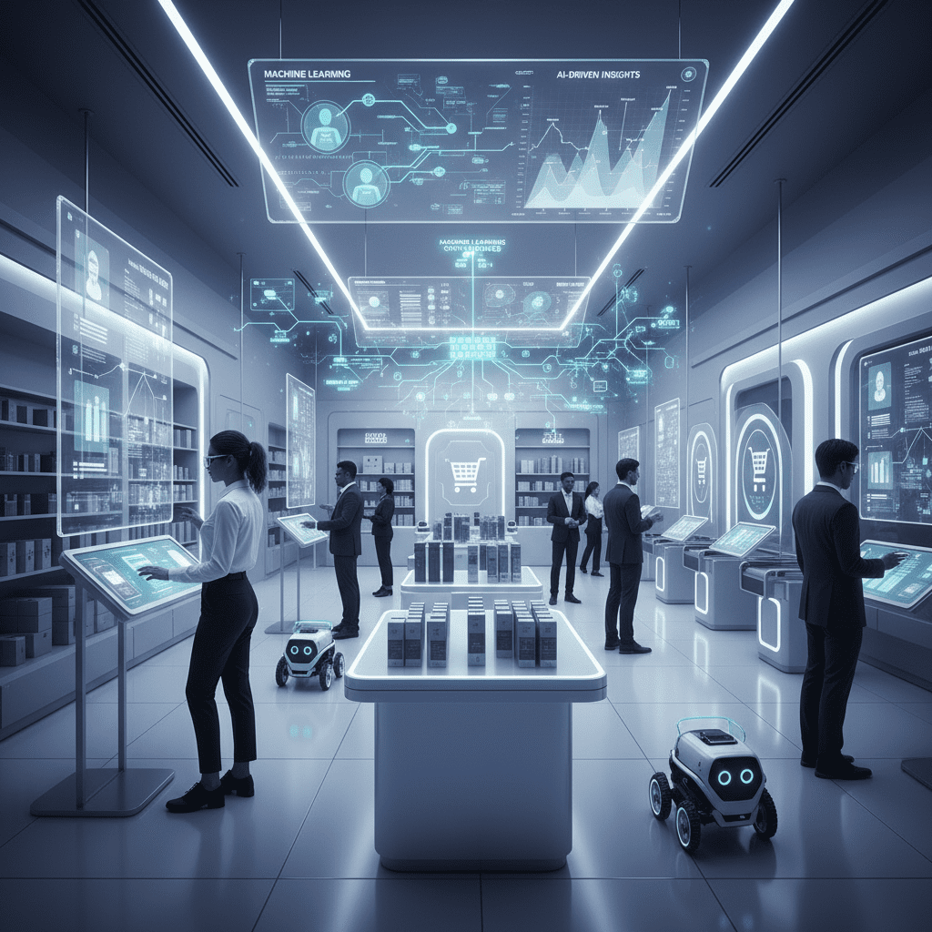 Illustration of a futuristic retail store featuring AI-powered recommendations, automated checkout, and digital data analytics, highlighting how machine learning is transforming the retail sector