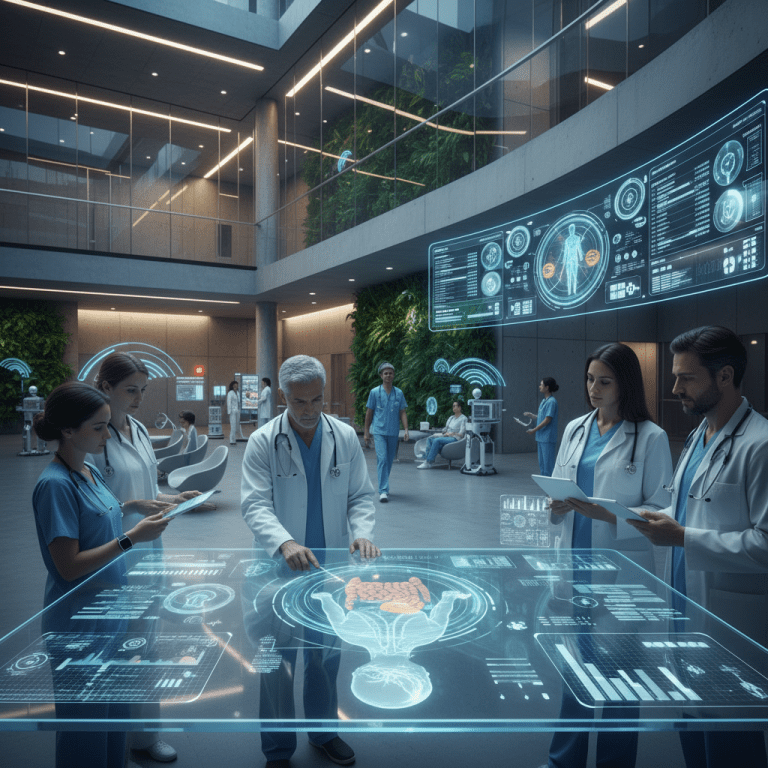 Illustration showing doctors, nurses, and digital AI interfaces analyzing patient data, medical images, and health charts—depicting how machine learning is transforming healthcare