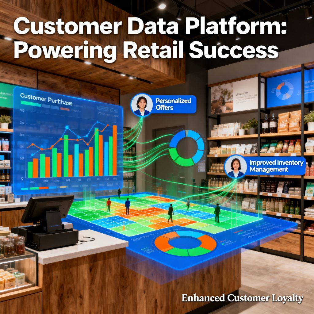Feature image showing customer data platform (CDP) benefits for retail businesses, with colorful data analytics visuals and modern retail store elements.
