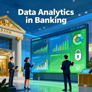 2D illustration of a modern bank with professionals examining colorful digital analytics dashboards, security icons, and vibrant graphs, highlighting data analytics in banking.