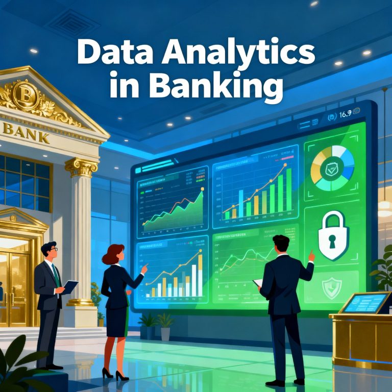 2D illustration of a modern bank with professionals examining colorful digital analytics dashboards, security icons, and vibrant graphs, highlighting data analytics in banking.