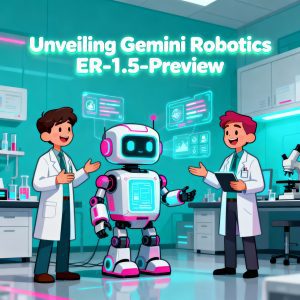 Cartoon-style illustration showing a futuristic robot in a laboratory, digital interface panels, vision overlays, and scientists interacting, representing Gemini Robotics ER-1.5-Preview