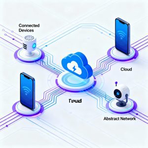 Digital transformation concept with business technology, AI data flow, and cloud computing network.