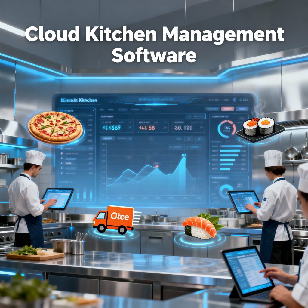 Digital cloud kitchen management dashboard with staff interacting, food delivery icons, and modern technology elements in a business setting