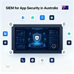 Futuristic SIEM dashboard interface overlayed with application security icons and the Australian flag, representing application security solutions for Australia