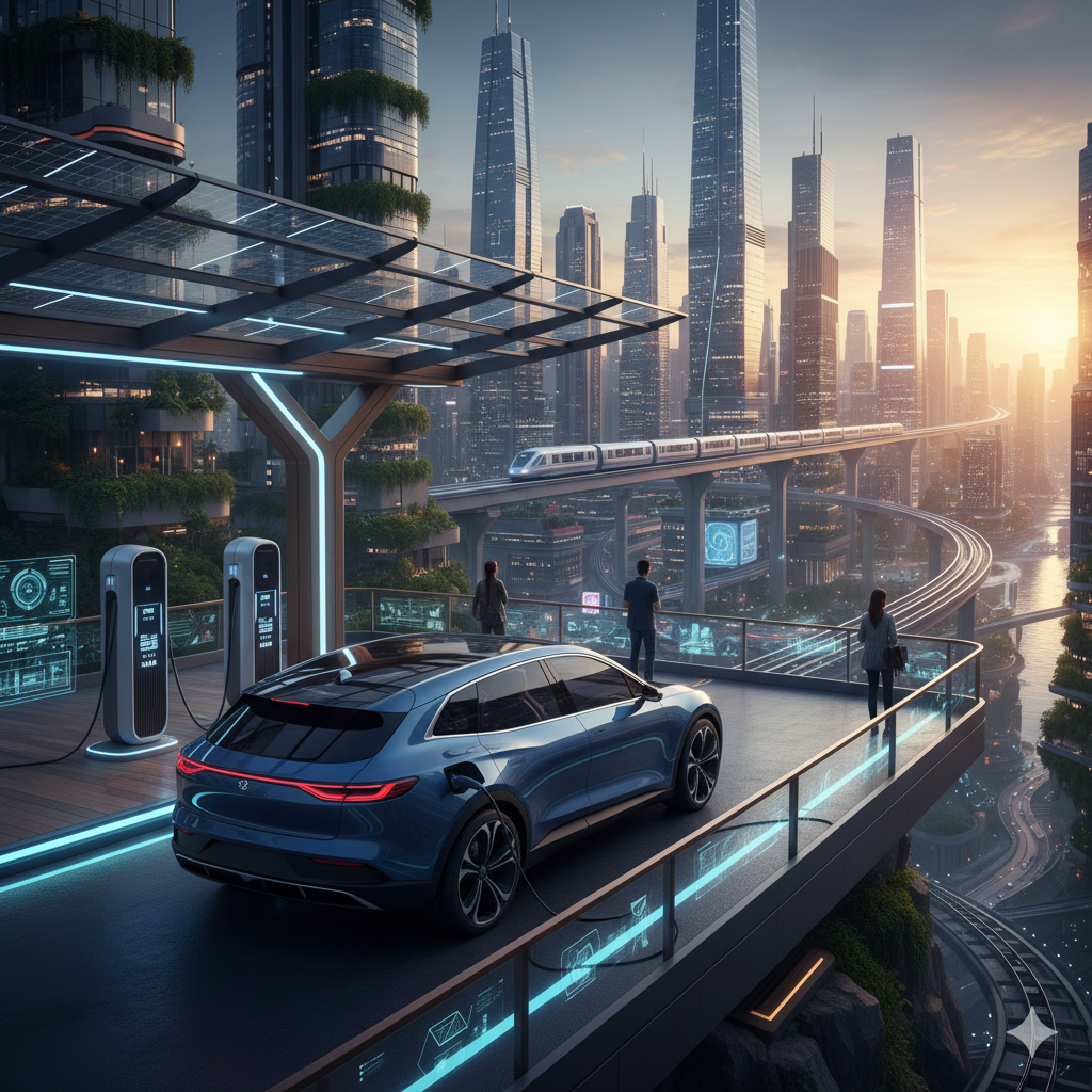 A futuristic blue electric car charging at a sleek, solar-powered station