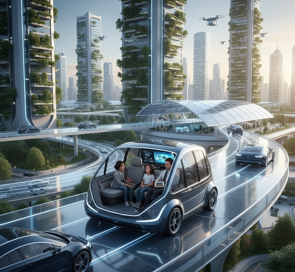 A family traveling in an autonomous car on a futuristic smart highway surrounded by green skyscrapers and drones