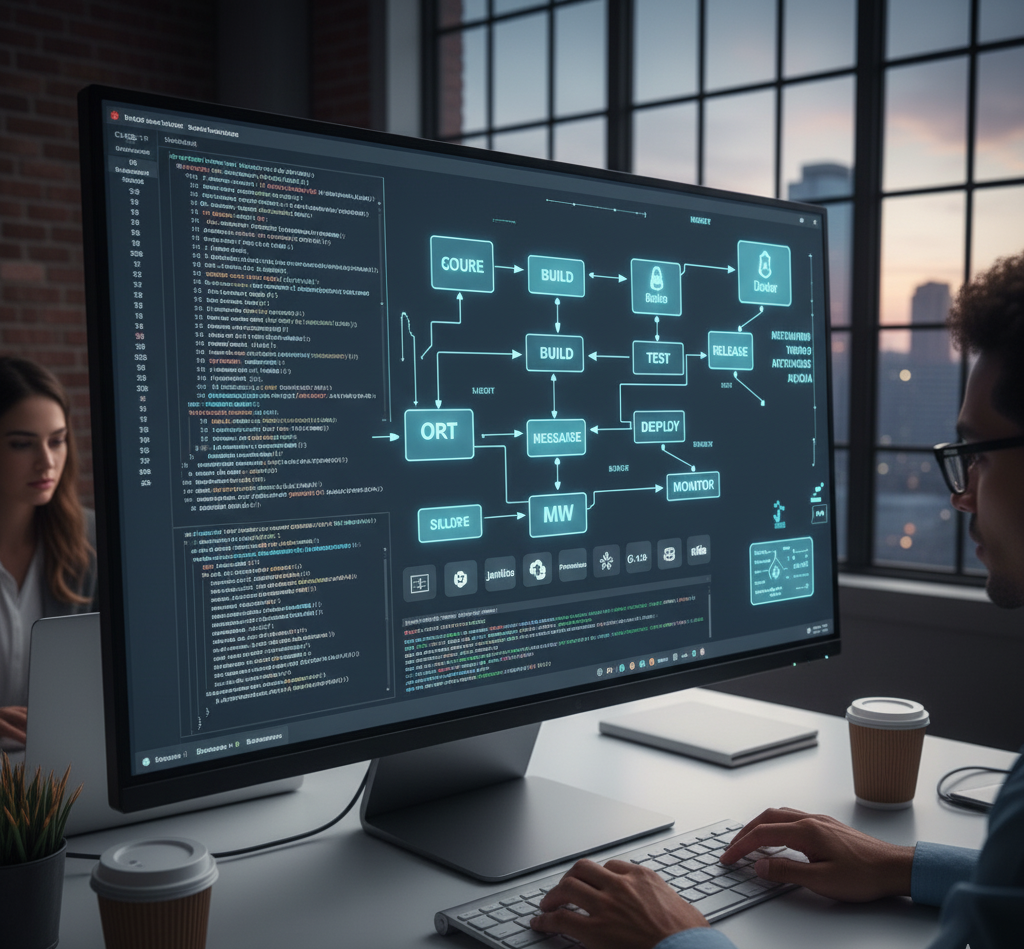Computer screen showing code and DevOps automation tools