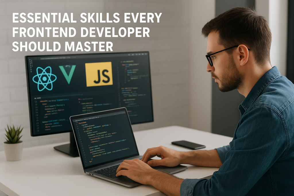 frontend developer working on HTML CSS JavaScript with laptop