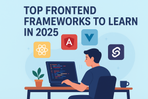 frontend developer exploring React, Angular, Vue, and Svelte frameworks on laptop