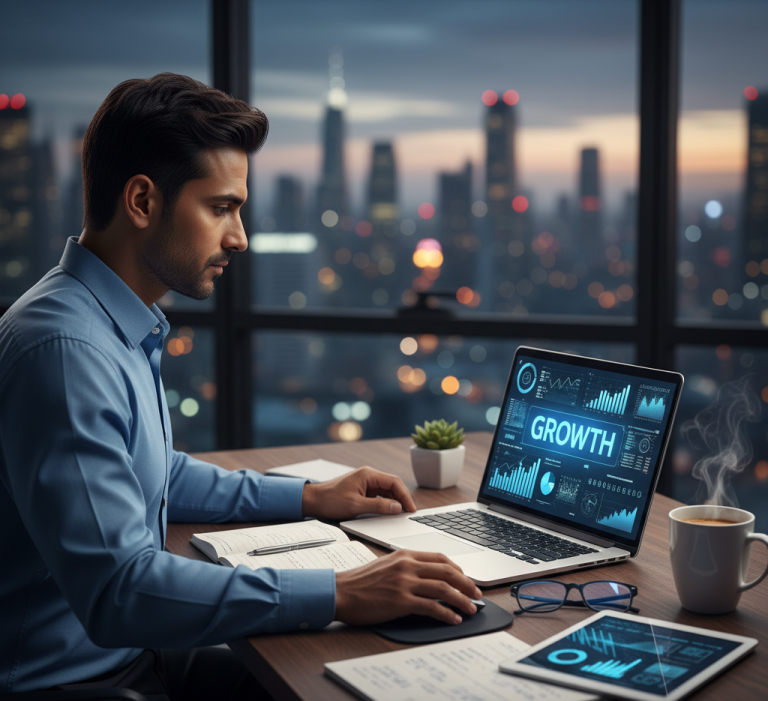 IT consultant analyzing business data on laptop