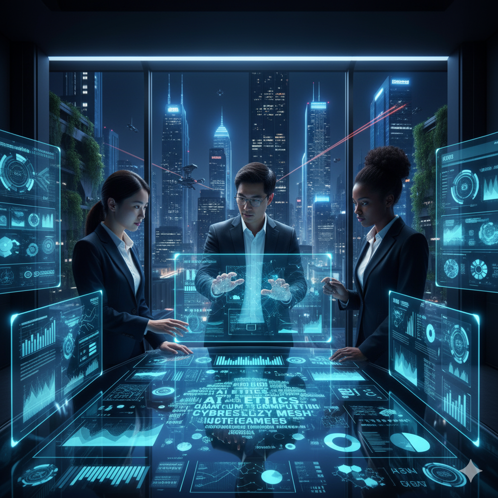 IT consultants analyzing future technology trends using data analytics dashboard