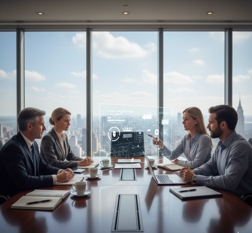 Business leaders discussing strategy with IT consulting professionals