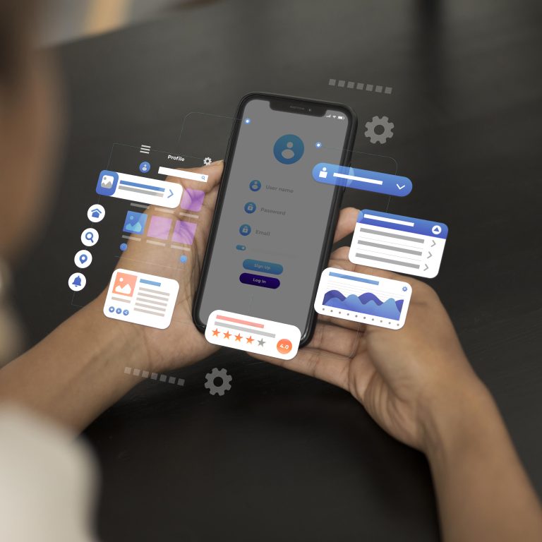 Person holding smartphone with floating 3D app interface elements including charts, profile icons, user forms, and settings.