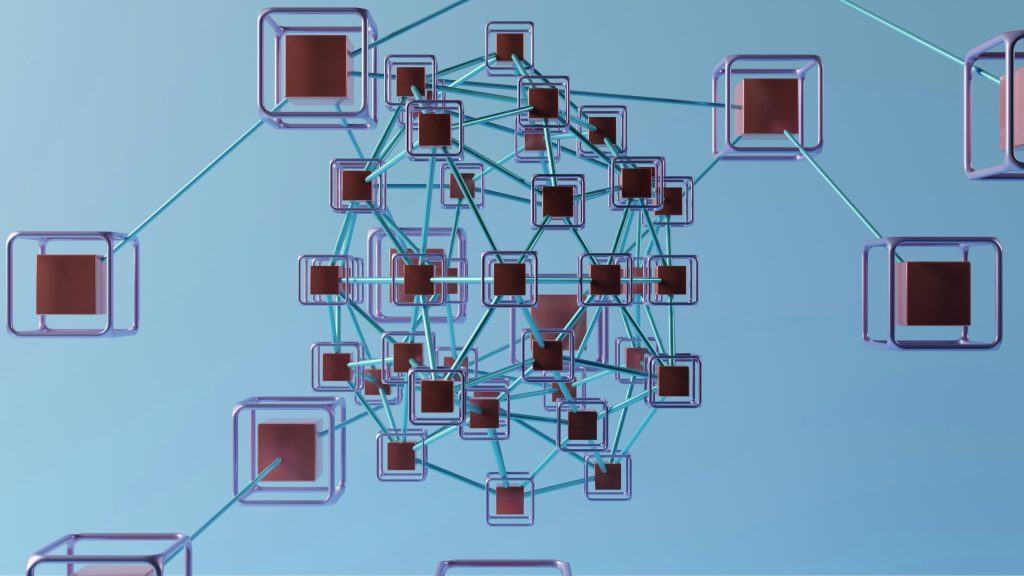 Connected blockchain network nodes with glowing chains linking distributed ledger blocks