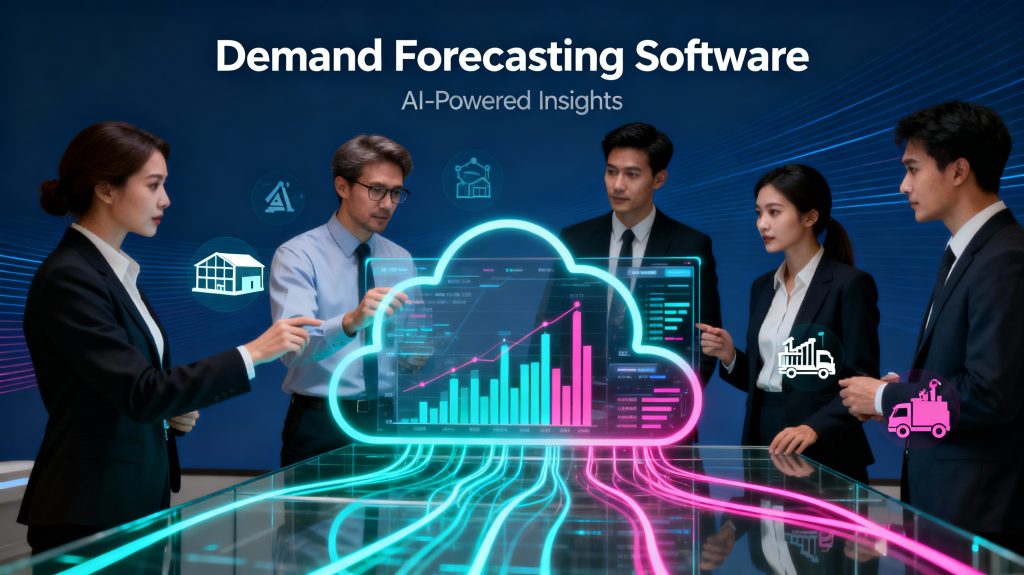 Business team analyzing AI-powered demand forecasting dashboards and digital supply chain charts in a modern office setting.