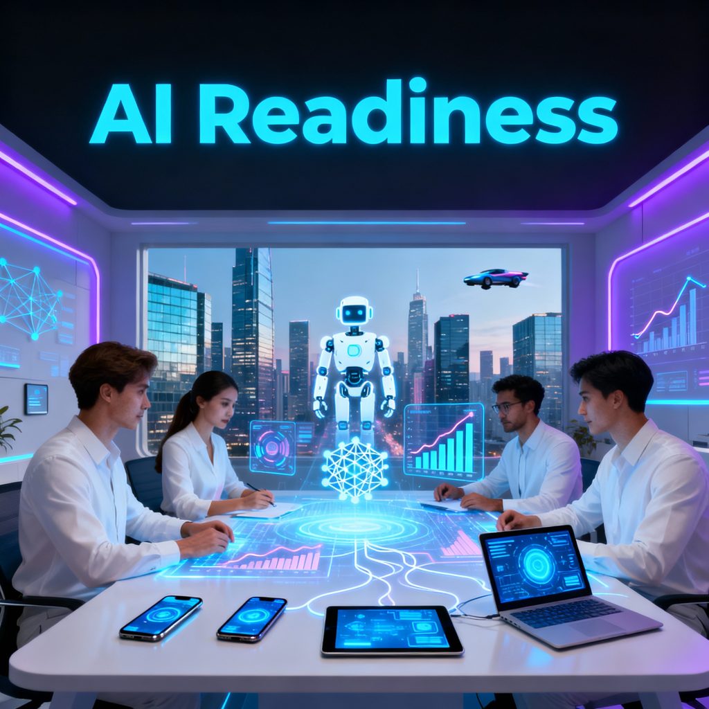 Futuristic business setting showing a diverse team collaborating around digital devices, surrounded by AI icons, smart data graphs, and a city skyline with the blog title “AI Readiness” prominently displayed(see the generated image above).