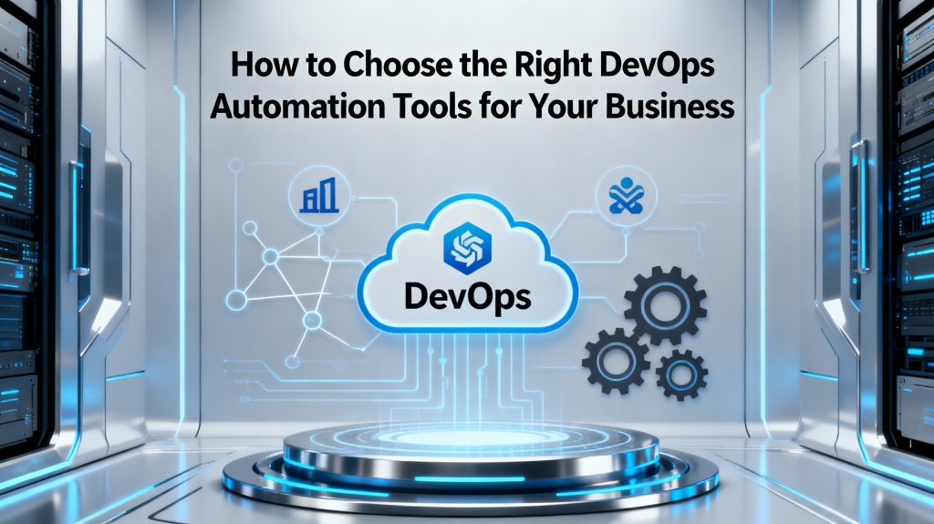 Futuristic business-themed illustration showing interconnected DevOps icons, cloud symbols, and automation gears around a central laptop dashboard, with the title text 'How to Choose the Right DevOps Automation Tools for Your Business' displayed prominently on a clean, dark-blue 16:9 background