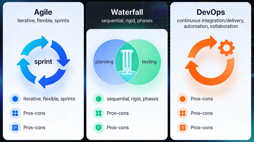 Agile vs Waterfall vs DevOps software development methodologies