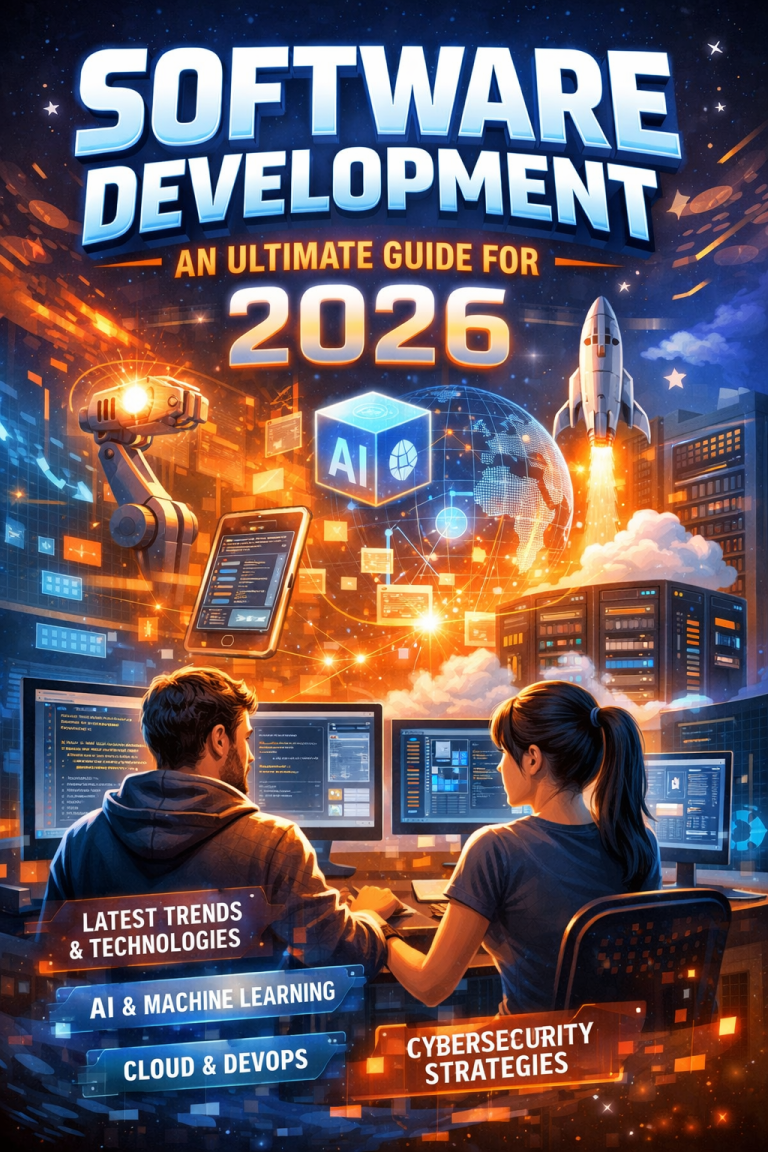 A futuristic book cover titled “Software Development: An Ultimate Guide for 2026.” It shows two developers working at multiple computer screens in a high-tech environment. Surrounding them are glowing digital elements, including an AI cube, holographic interfaces, and lines of code. In the background, a robotic arm, a rocket launching into the sky, and a modern cityscape emphasize innovation and progress. Bright neon colors (blue, orange, and yellow) create a dynamic, tech-driven atmosphere. Text highlights include “Latest Trends & Technologies,” “AI & Machine Learning,” “Cloud & DevOps,” and “Cybersecurity Strategies.”