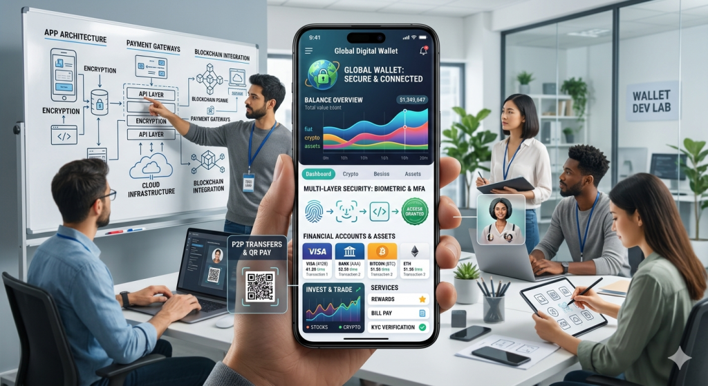 Modern digital wallet app interface on smartphone showing payment cards, balance, QR code scan, and biometric security features for fintech development guide