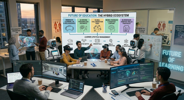 Diverse students in futuristic classroom using VR headsets, AR tablets, and AI holograms for immersive digital learning, with engagement metrics overlay