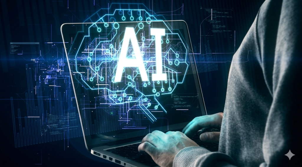 Diverse students using AI-powered tablets in modern classroom with holographic learning interfaces and teacher providing personalized guidance