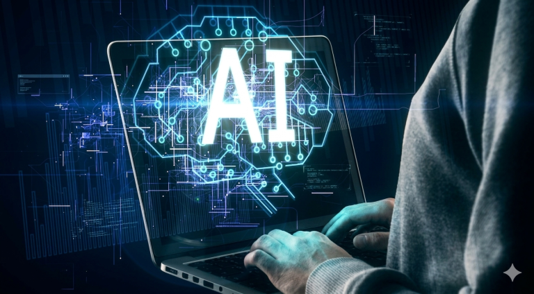 Diverse students using AI-powered tablets in modern classroom with holographic learning interfaces and teacher providing personalized guidance