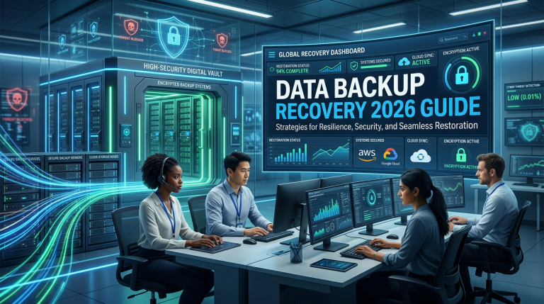 Futuristic 16:9 illustration of a secure digital vault with data streams flowing to backup servers, IT professionals monitoring recovery dashboards on screens with cloud icons and locks, blue-green gradients, charts, subtle cyber threats in background, titled "Data Backup Recovery 2026 Guide".