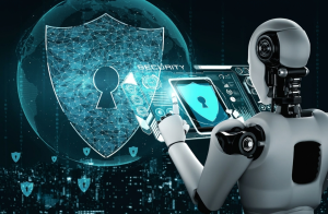 Cybersecurity team analyzing AI-driven cyber attack patterns, phishing threats, deepfakes, and adaptive malware risks on a digital dashboard.